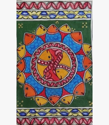 An original Indian Madhubani folk art painting on handmade paper featuring a circular cosmic fish mandala by artist Bhavna Mishra.