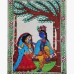 An original Indian Madhubani folk art painting on handmade paper featuring Radha and Lord Krishna on a swing under a tree by artist Bhavna Mishra.