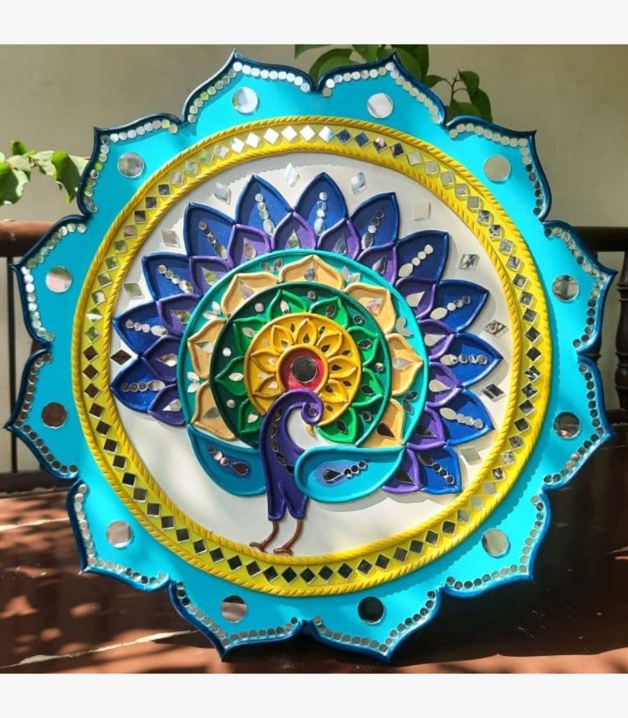 14 Handcrafted white and black Lippan art 9-piece grid frame set featuring peacock motifs, geometric mandalas, and mirror work by artist Rucha Desai.