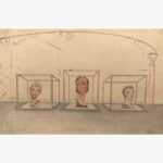 Original contemporary surrealist watercolor painting titled The Trio of Measures by Hardev Chauhan showcasing three vintage mannequin heads enclosed in transparent glass cubes against a nostalgic dressmaking pattern backdrop.
