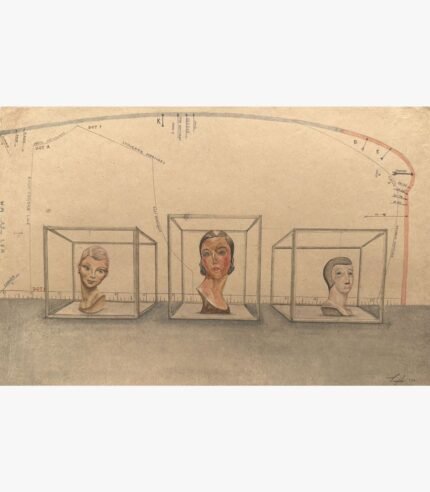 Original contemporary surrealist watercolor painting titled The Trio of Measures by Hardev Chauhan showcasing three vintage mannequin heads enclosed in transparent glass cubes against a nostalgic dressmaking pattern backdrop.