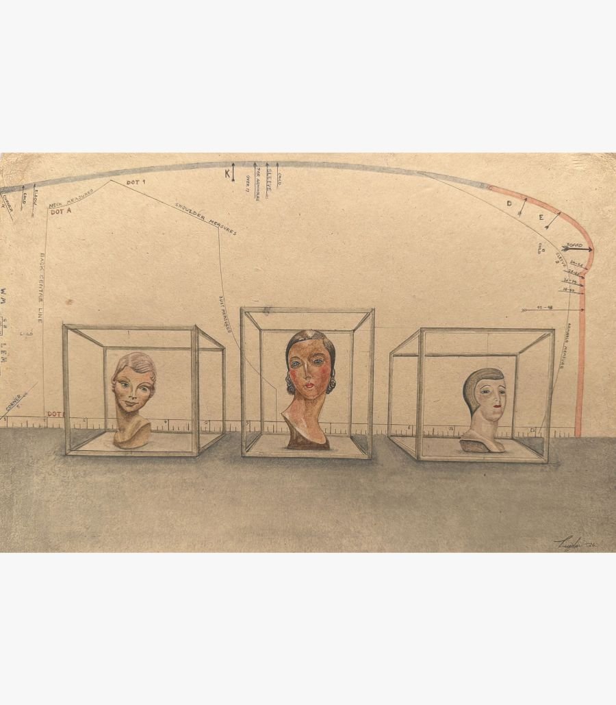 15 Original contemporary surrealist watercolor painting titled The Trio of Measures by Hardev Chauhan showcasing three vintage mannequin heads enclosed in transparent glass cubes against a nostalgic dressmaking pattern backdrop.