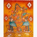 Traditional Kerala mural painting titled Ashta Ganesha Blessings by Akshaya Sivadas depicting an eight-armed Lord Ganesha seated on a golden throne with his mouse mount Mooshika and offerings on canvas.