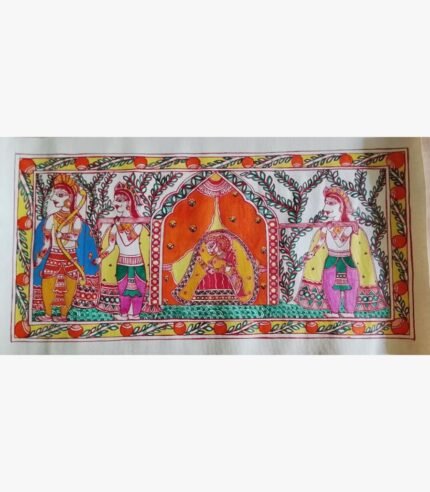 An original Indian Madhubani folk art painting on handmade paper featuring Goddess Sita in a palanquin accompanied by Lord Rama by artist Bhavna Mishra.