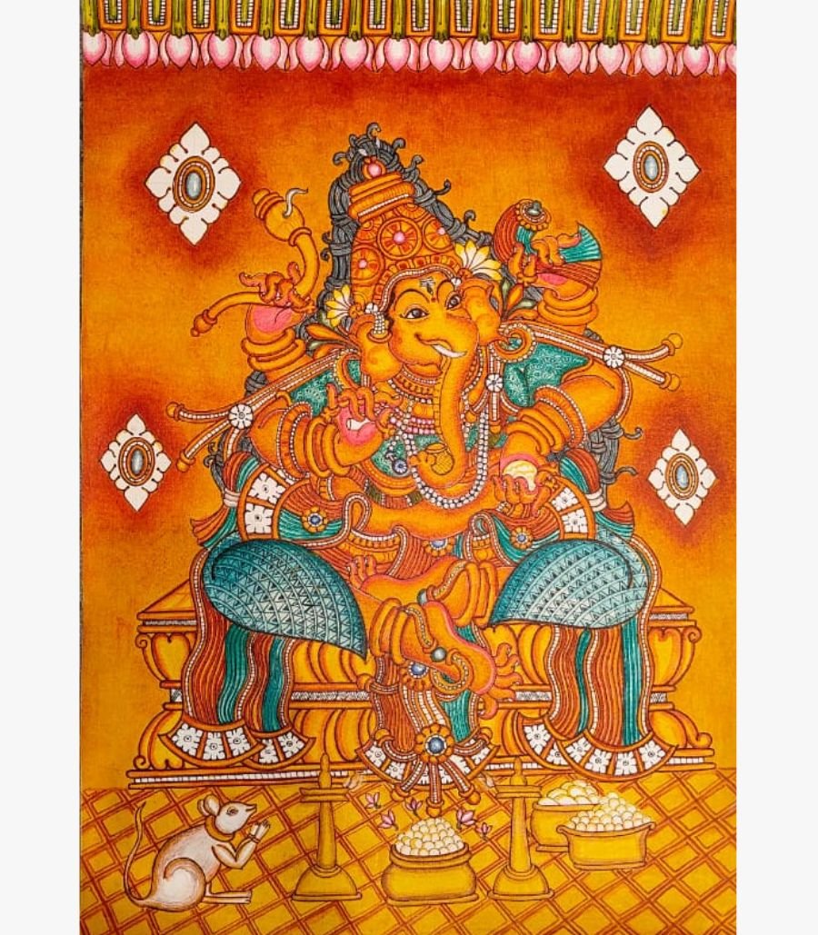 15 Traditional Kerala mural painting titled Ashta Ganesha Blessings by Akshaya Sivadas depicting an eight-armed Lord Ganesha seated on a golden throne with his mouse mount Mooshika and offerings on canvas.