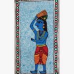 An original Indian Madhubani folk art painting on handmade paper featuring blue-skinned Lord Krishna carrying sacred paduka by artist Bhavna Mishra.
