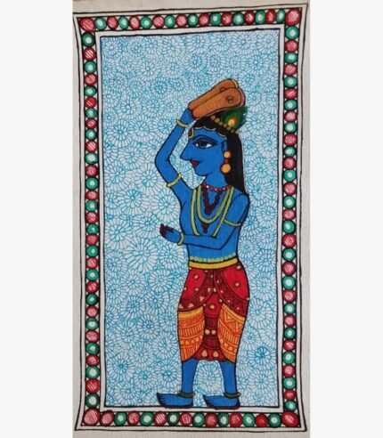 An original Indian Madhubani folk art painting on handmade paper featuring blue-skinned Lord Krishna carrying sacred paduka by artist Bhavna Mishra.