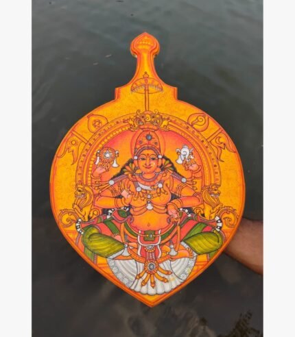 Traditional Kerala mural painting titled Goddess Bhagavathy by Akshaya Sivadas featuring a detailed portrait of the four-armed deity seated enthroned on a shaped wooden board.
