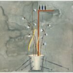 Original contemporary surrealist watercolor painting titled Vessel of Weaving by Hardev Chauhan showcasing cotton branches, a yellow measuring tape, and an orange square ruler rising from a metal bucket anchored by metal tension springs.