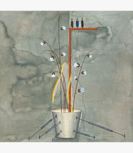 Original contemporary surrealist watercolor painting titled Vessel of Weaving by Hardev Chauhan showcasing cotton branches, a yellow measuring tape, and an orange square ruler rising from a metal bucket anchored by metal tension springs.