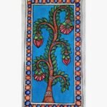 An original Indian Madhubani folk art painting on handmade paper featuring a stylized Tree of Life with drooping crimson flowers by artist Bhavna Mishra.