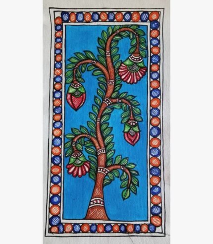 An original Indian Madhubani folk art painting on handmade paper featuring a stylized Tree of Life with drooping crimson flowers by artist Bhavna Mishra.