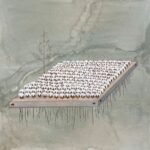 Original contemporary surrealist watercolor painting titled The Suspended Harvest by Hardev Chauhan depicting a floating wooden platform covered in a neat grid of white cotton bolls with root-like threads hanging below, set against a misty grey-green wash backdrop.