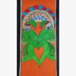 An original Indian Madhubani folk art painting on handmade paper featuring two green lovebirds intertwined in a heart shape by artist Bhavna Mishra.