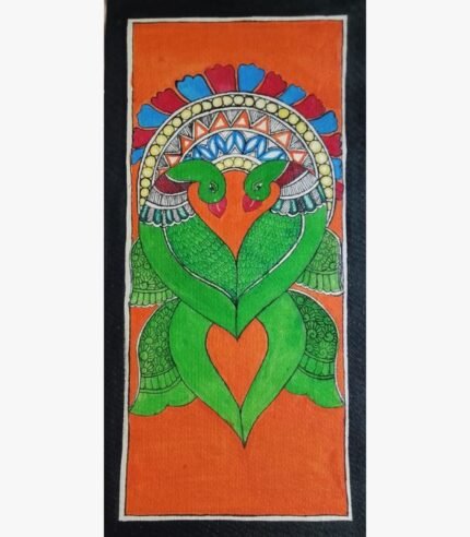 An original Indian Madhubani folk art painting on handmade paper featuring two green lovebirds intertwined in a heart shape by artist Bhavna Mishra.