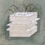 Original contemporary surrealist watercolor painting titled The Layered Growth by Hardev Chauhan featuring wild grass stalks and delicate vines growing out of a stacked pile of white boards against a textured greyish-green wash background.