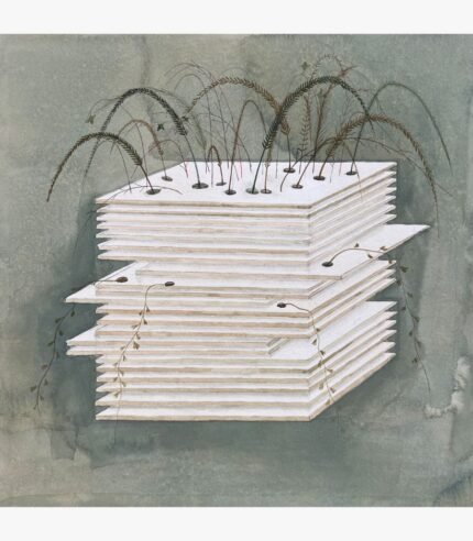 Original contemporary surrealist watercolor painting titled The Layered Growth by Hardev Chauhan featuring wild grass stalks and delicate vines growing out of a stacked pile of white boards against a textured greyish-green wash background.