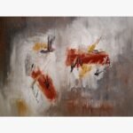 Original abstract minimalist painting titled Rustic Harmony by Bharat Maniyar featuring textured terracotta, earthy brown, charcoal black, and muted yellow ochre gestural marks over a distressed white and gray background canvas.