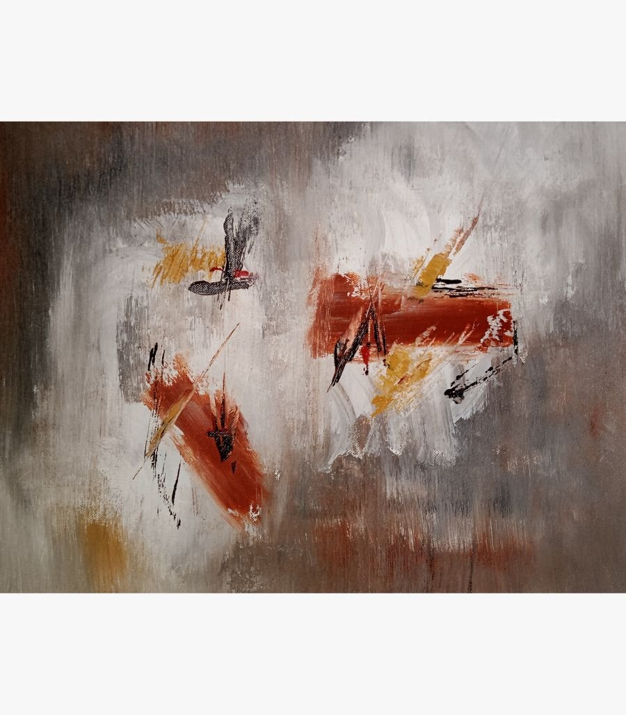 2 Original abstract minimalist painting titled Rustic Harmony by Bharat Maniyar featuring textured terracotta, earthy brown, charcoal black, and muted yellow ochre gestural marks over a distressed white and gray background canvas.
