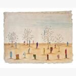 Original contemporary watercolor painting titled Threads of Heritage by Hardev Chauhan showcasing a surreal landscape with white cotton trees and patterned fabric pillars on handmade deckled-edge paper.