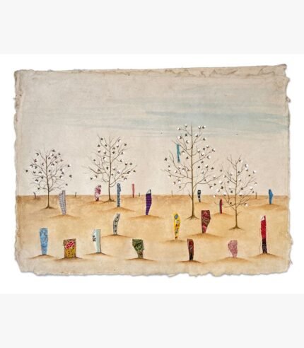 Original contemporary watercolor painting titled Threads of Heritage by Hardev Chauhan showcasing a surreal landscape with white cotton trees and patterned fabric pillars on handmade deckled-edge paper.