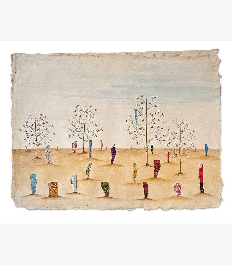 2 Original contemporary watercolor painting titled Threads of Heritage by Hardev Chauhan showcasing a surreal landscape with white cotton trees and patterned fabric pillars on handmade deckled-edge paper.