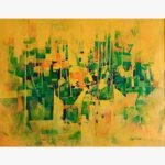 Original abstract landscape acrylic painting titled Golden Forest by Sajjad Kapasi featuring structured geometric patches of green, yellow, and orange tones.