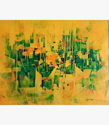 Original abstract landscape acrylic painting titled Golden Forest by Sajjad Kapasi featuring structured geometric patches of green, yellow, and orange tones.
