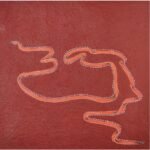 Original contemporary surrealist watercolor painting titled The Boundless Lace by Vala Yash showcasing an orange shoelace with white stitched outlines winding across a textured red background.