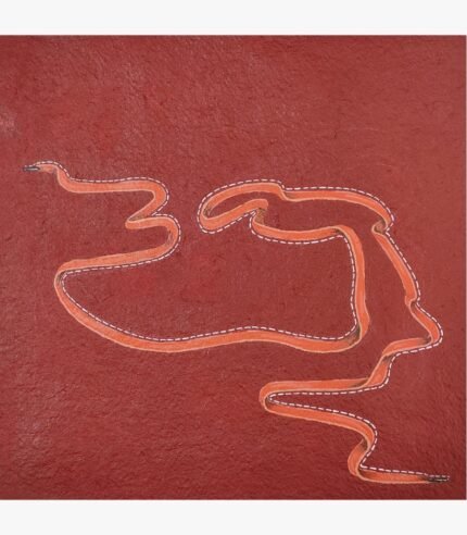 Original contemporary surrealist watercolor painting titled The Boundless Lace by Vala Yash showcasing an orange shoelace with white stitched outlines winding across a textured red background.