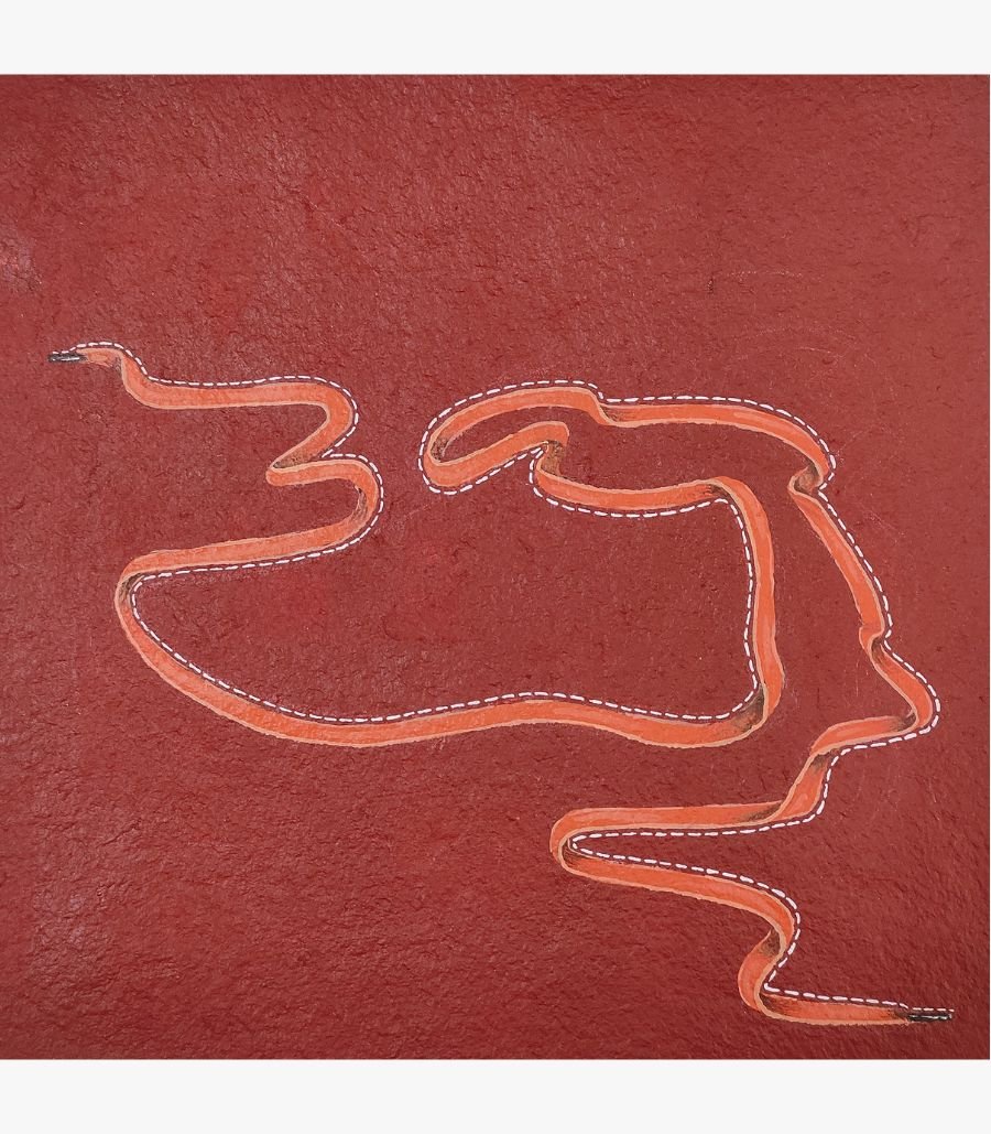 2 Original contemporary surrealist watercolor painting titled The Boundless Lace by Vala Yash showcasing an orange shoelace with white stitched outlines winding across a textured red background.