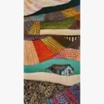 A vertical contemporary abstract landscape painting featuring a small rural cottage nestled among colorful patterned patchwork fields and rolling hills in acrylic on canvas, by Vikas Shiyal.