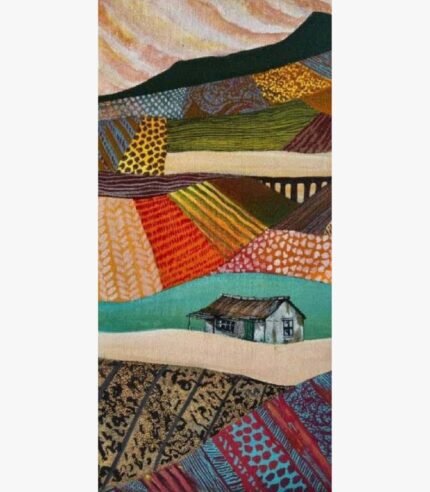 A vertical contemporary abstract landscape painting featuring a small rural cottage nestled among colorful patterned patchwork fields and rolling hills in acrylic on canvas, by Vikas Shiyal.