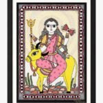A traditional Madhubani painting on handmade paper depicting Goddess Mahagauri in pink attire seated on a yellow bull holding a trident and damru, framed by a protective eye-pattern border by artist Anupriya.
