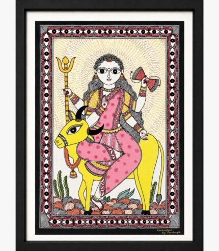 A traditional Madhubani painting on handmade paper depicting Goddess Mahagauri in pink attire seated on a yellow bull holding a trident and damru, framed by a protective eye-pattern border by artist Anupriya.