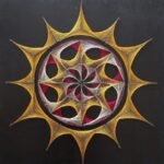 Handcrafted geometric string art mandala on a dark wooden board titled Solar Mandala by Asit Trivedi featuring intricate yellow, crimson, and white threads forming a multi-layered sunburst wheel.