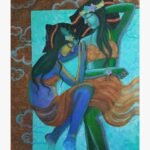 An original contemporary acrylic figurative painting on canvas depicting two reclining female figures adorned with floral tiaras amidst turquoise and bronze metallic clouds by artist Pallavi Deodhar.