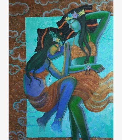 An original contemporary acrylic figurative painting on canvas depicting two reclining female figures adorned with floral tiaras amidst turquoise and bronze metallic clouds by artist Pallavi Deodhar.