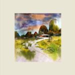 An original impressionistic watercolor landscape painting on paper featuring a winding dirt path leading to a rustic red cottage beneath dramatic hills and sunset clouds by artist Avinash.
