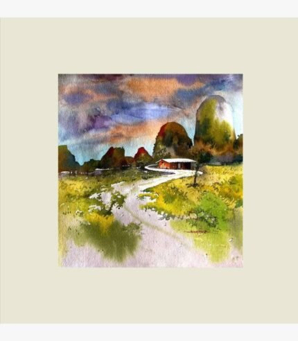 An original impressionistic watercolor landscape painting on paper featuring a winding dirt path leading to a rustic red cottage beneath dramatic hills and sunset clouds by artist Avinash.