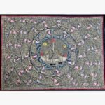 An original Indian Madhubani folk art painting on handmade paper featuring a central elephant motif surrounded by concentric rings of peacocks by artist Dr. Pratibha Jain.