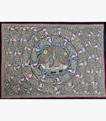 An original Indian Madhubani folk art painting on handmade paper featuring a central elephant motif surrounded by concentric rings of peacocks by artist Dr. Pratibha Jain.