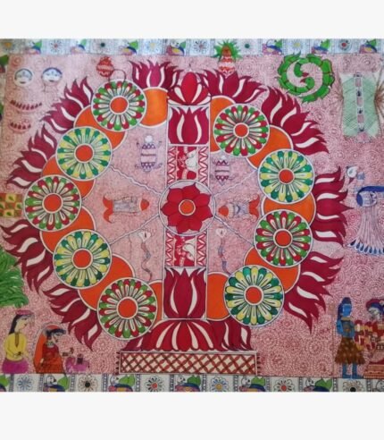 An original Indian Madhubani folk art painting on handmade paper featuring a traditional Kohbar lotus mandala with auspicious fish, tortoise, and wedding motifs by artist Bhavna Mishra.