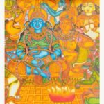 Traditional Kerala mural painting titled Divine Union by Akshaya Sivadas featuring Lord Rama and Goddess Sita seated in royal assembly with a ceremonial fire pit.