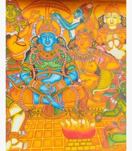Traditional Kerala mural painting titled Divine Union by Akshaya Sivadas featuring Lord Rama and Goddess Sita seated in royal assembly with a ceremonial fire pit.