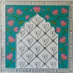 An original square traditional Indian artwork featuring hand-painted pink lotus vines and a central white Lippan clay Jharokha arch with mirror work by artist Rucha Desai.