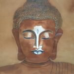 Original watercolor and ink painting of Lord Buddha in a meditative state with closed eyes and stylized details by artist Akaksha Mistry.