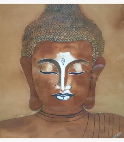 Original watercolor and ink painting of Lord Buddha in a meditative state with closed eyes and stylized details by artist Akaksha Mistry.