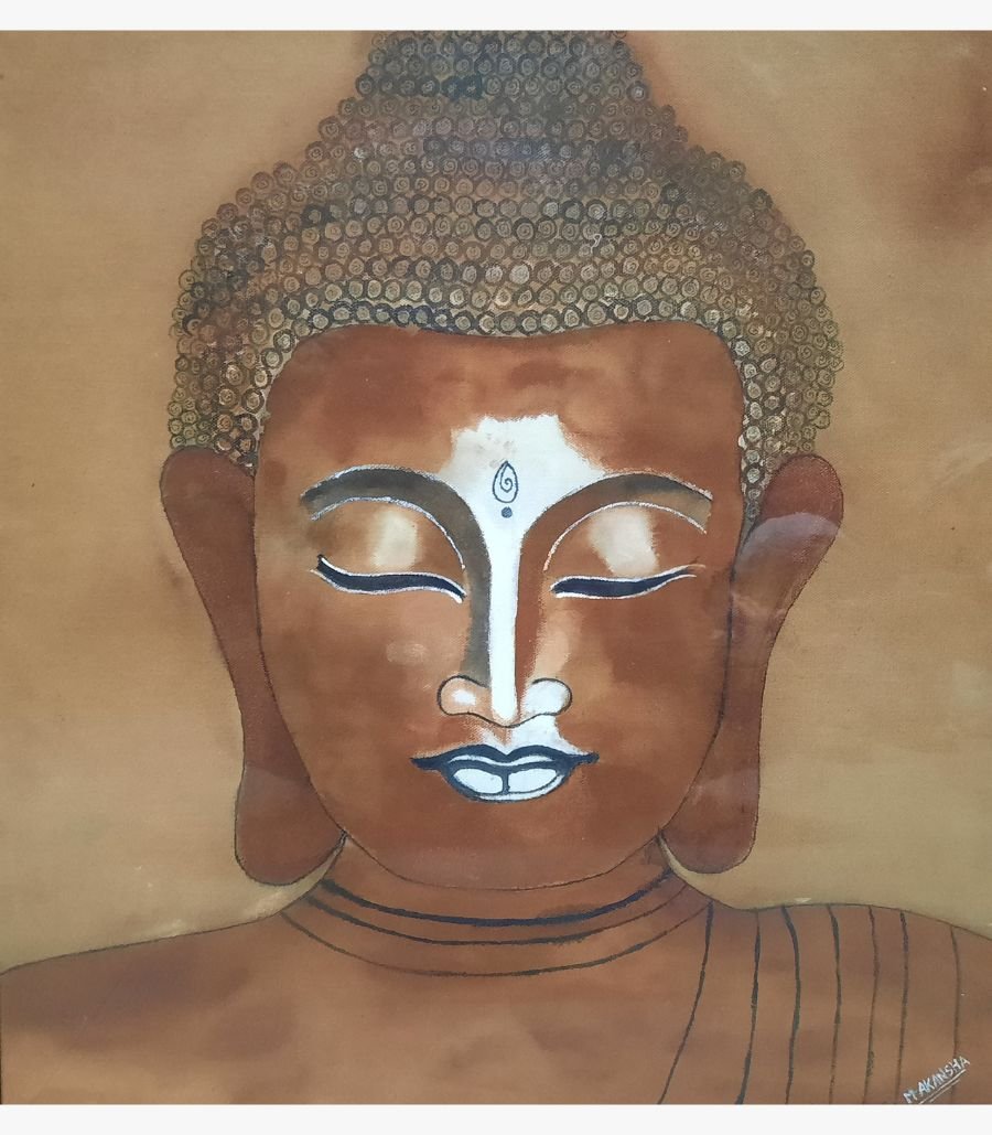 2 Original watercolor and ink painting of Lord Buddha in a meditative state with closed eyes and stylized details by artist Akaksha Mistry.
