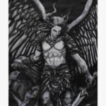 Dark gothic fantasy painting titled Archangel Michael The Guardian by Art Gallery featuring a powerful muscular winged angel in ornate armor holding a large sword.